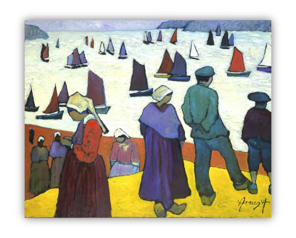 Peinture à l'huile sur toile .scène personnages bretons devant la mer